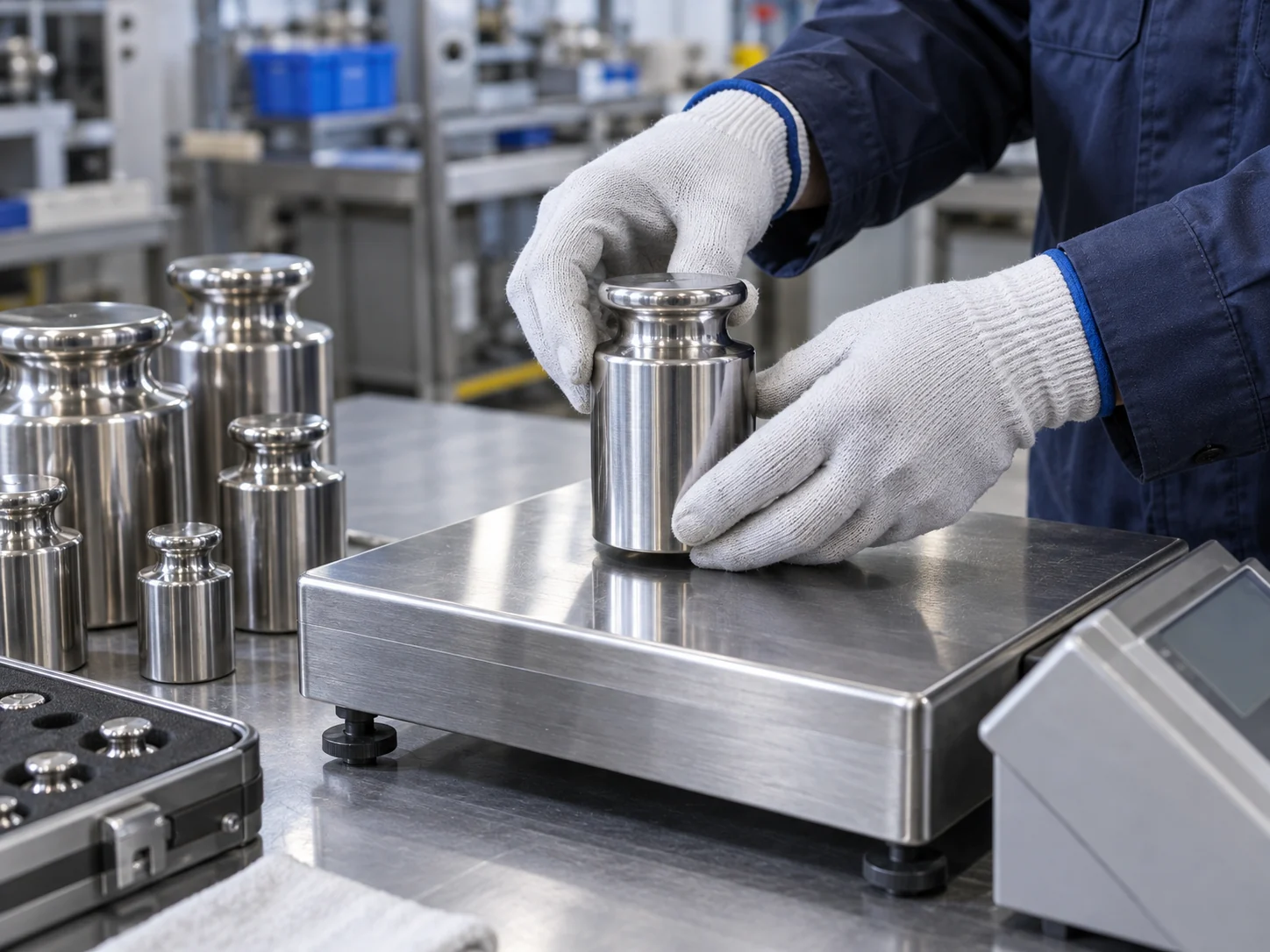 Gloved technician positioning a stainless test weight on a bench scale