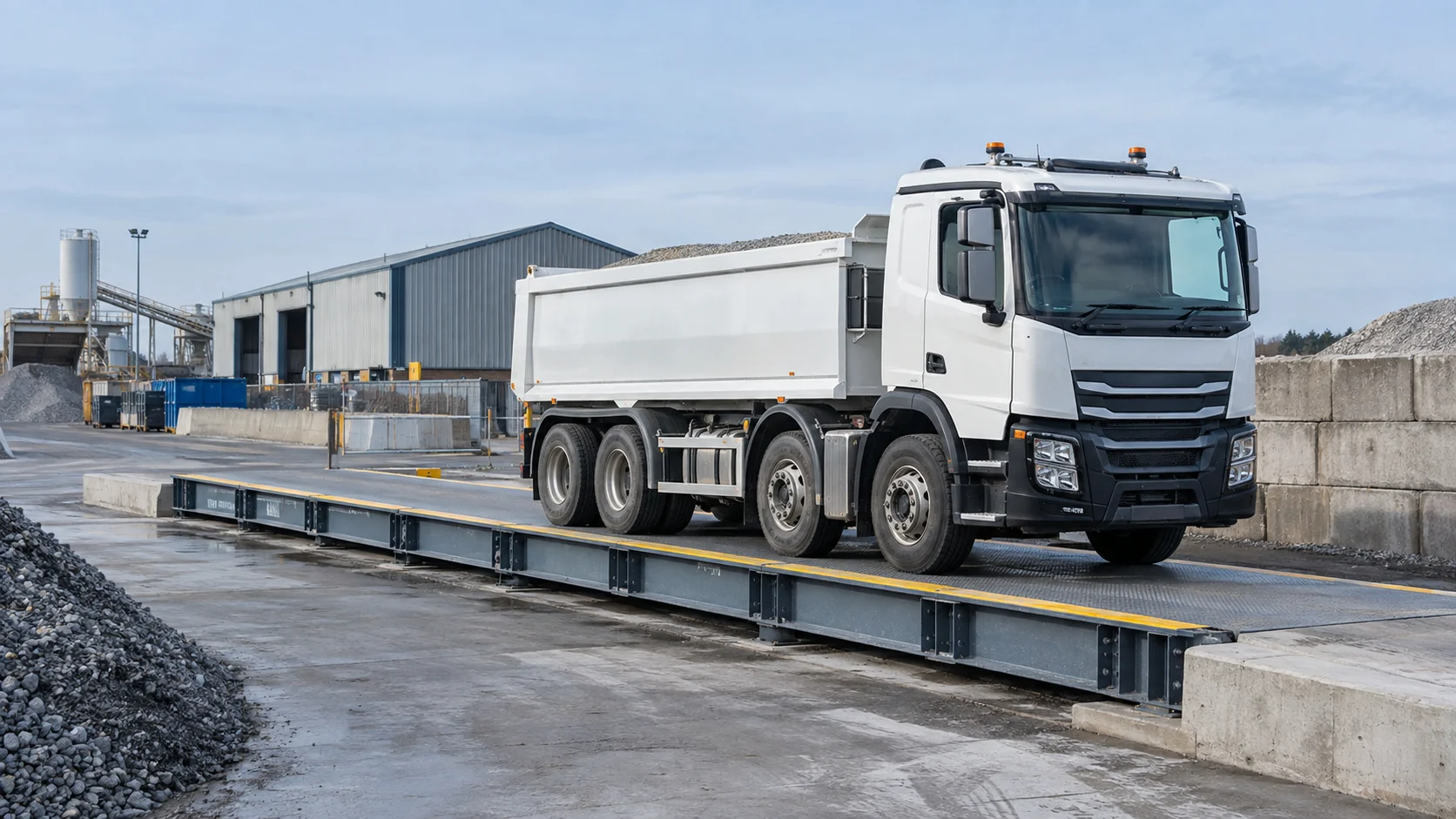 White tipper truck on a steel weighbridge in an industrial yard